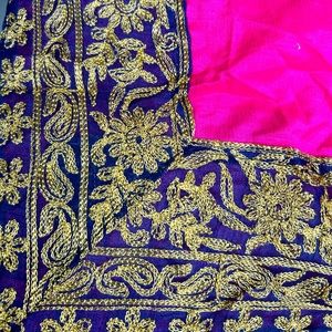 Hot Pink Bollywood Saree with Blue border and unstitched blouse- New